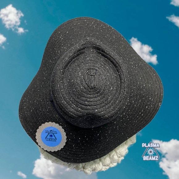 Fair Weather Black Straw Wide Brim Heart Crown Sun Hat - Picture 3 of 12